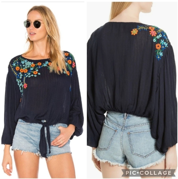 Free People Top M Embroidered Up and Away Relaxed Fit Tie Front Dolman Sleeve - Picture 1 of 8